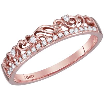10K ROSE GOLD ROUND DIAMOND FLORAL ACCENT STACKABLE BAND RING 1/12 CTTW