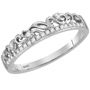 10K WHITE GOLD ROUND DIAMOND FLORAL ACCENT STACKABLE BAND RING 1/12 CTTW